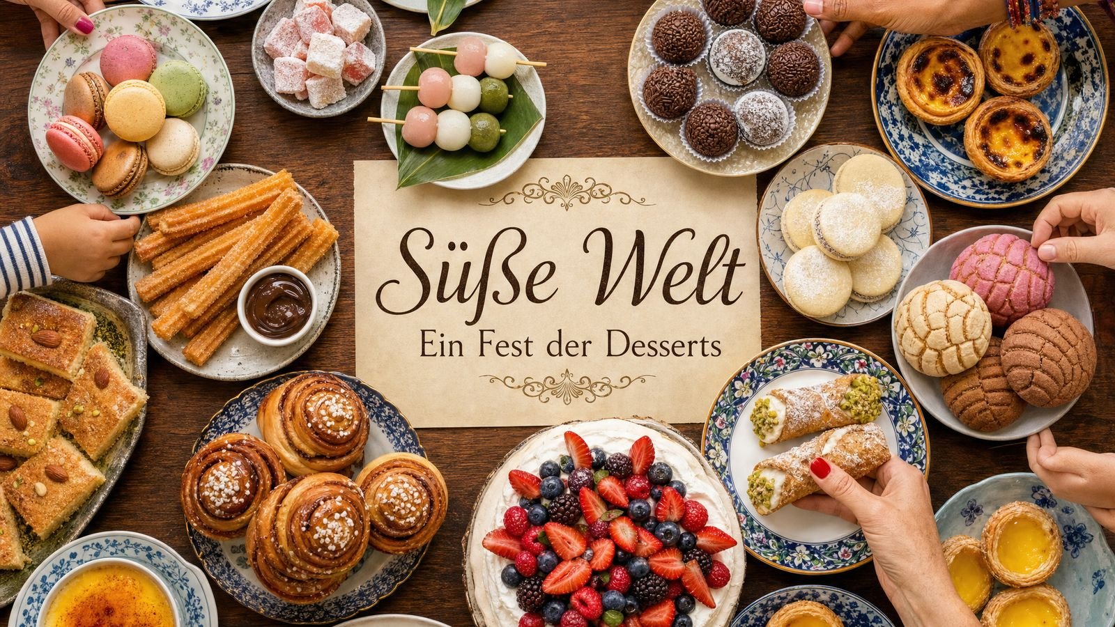 Tisch von oben mit Desserts aus aller Welt und einem Schild „Süße Welt – Ein Fest der Desserts“