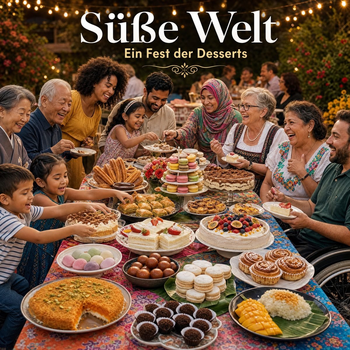 Menschen feiern gemeinsam an einer Tafel mit Desserts aus aller Welt